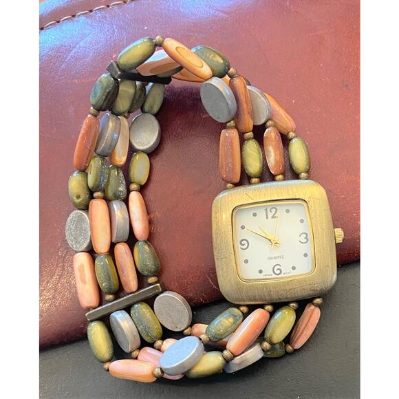 Women's 30mm Brass Toe Watch, Multi-strand Stone Bracelet Band - Picture 1 of 4